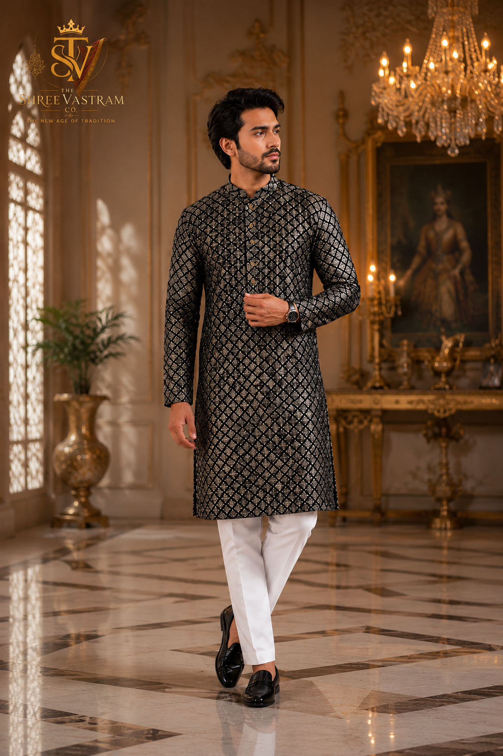 ShreeVastram Black & Gold Diamond Pattern Kurta Set
